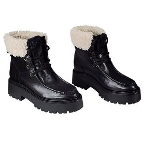 Sam Edelman Lug‎ Sole Bootie 5 Women Elara Black Leather Lace Up Faux Shearling